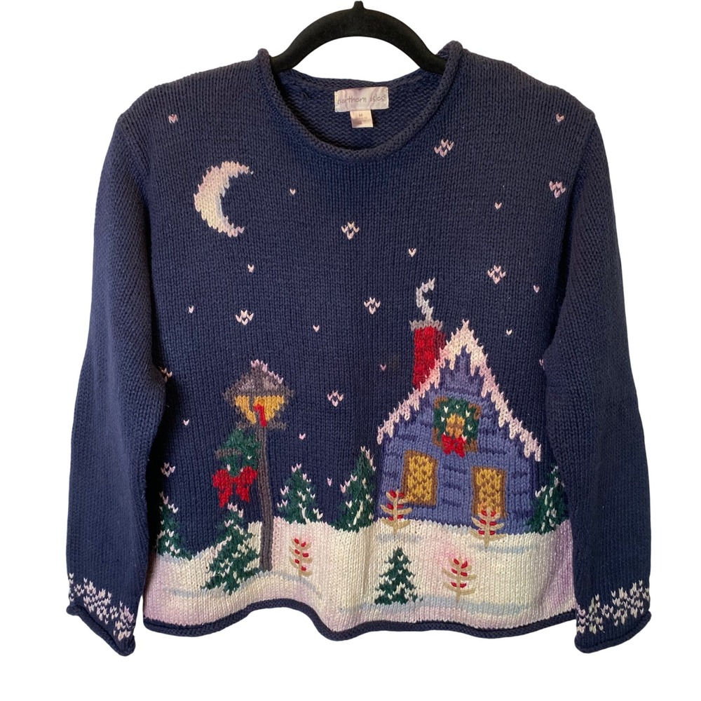 Northern Isles Sweater Women Medium Navy Blue Winter Scene Ramie Cotton Knit